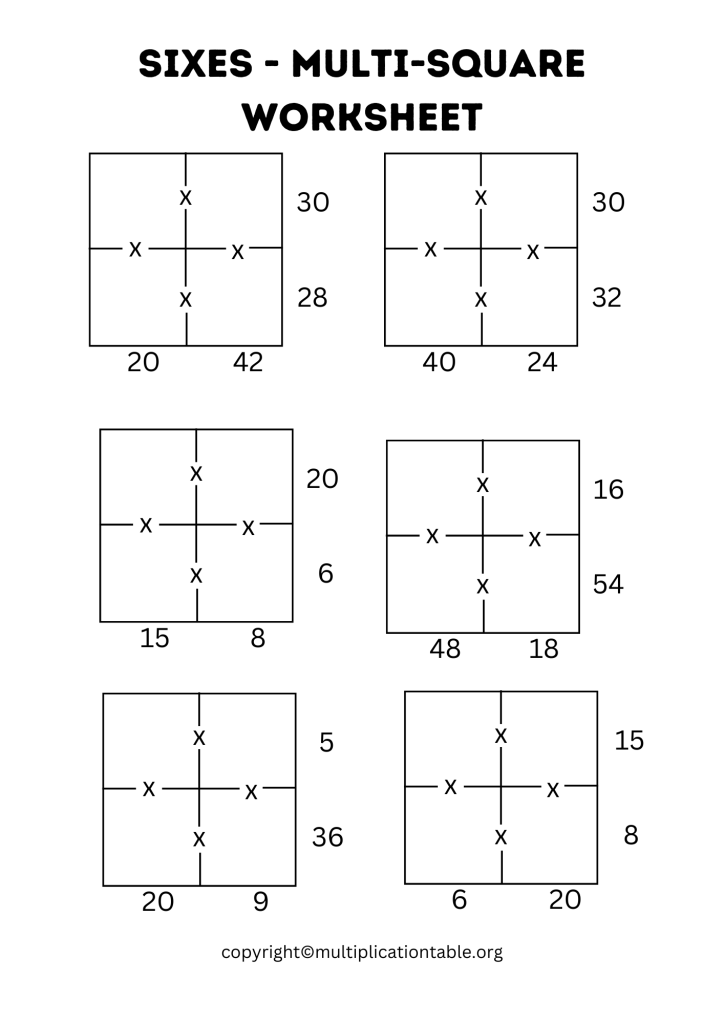 Multi Square Sixes Worksheet PDF