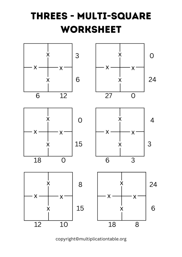 Multi Square Threes Worksheet PDF