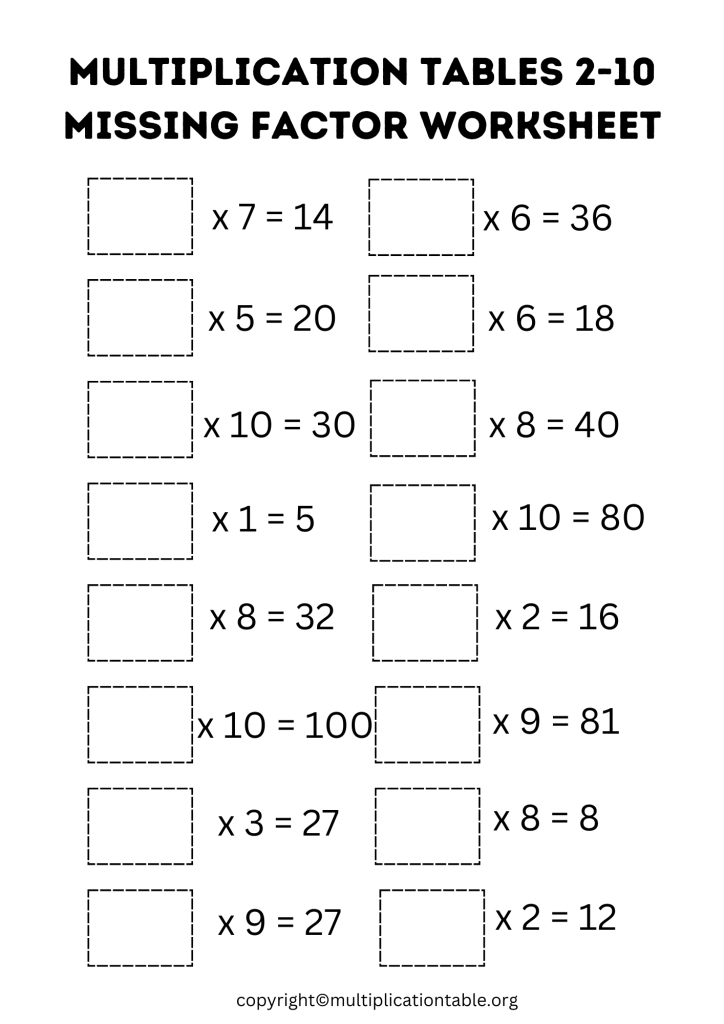 Multiplication Tables 2-10 Missing Factor Worksheet