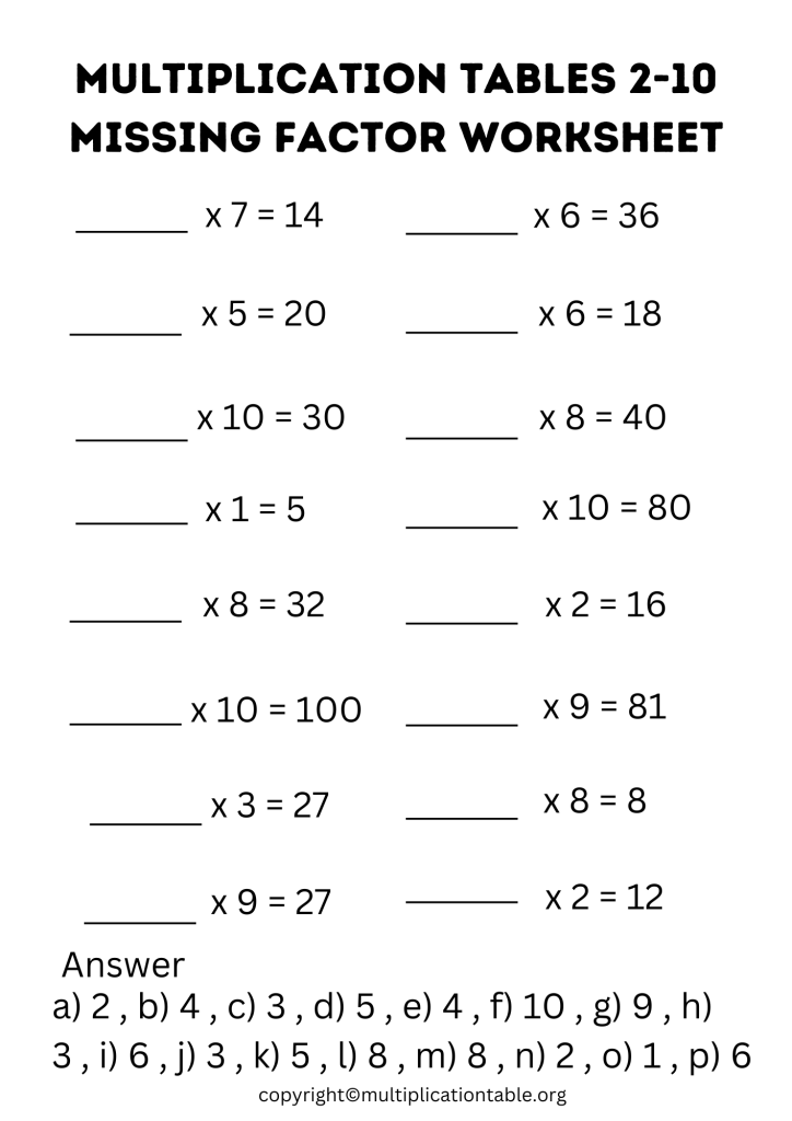 Multiplication Tables 2-10 Missing Factor Worksheet with Answer Key