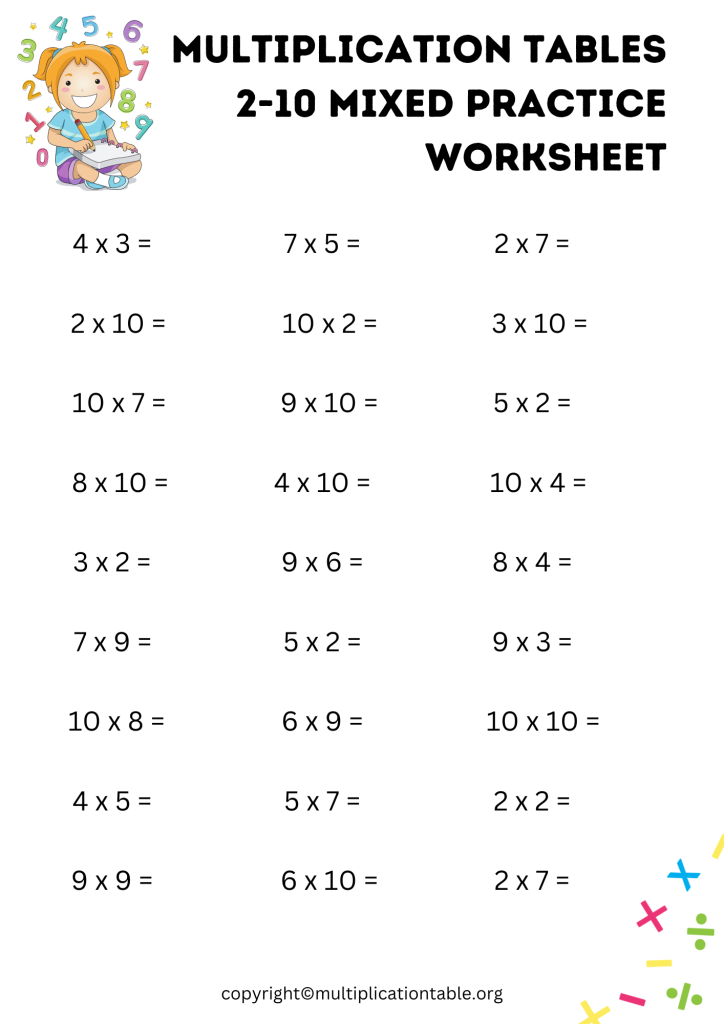 Multiplication Tables 2-10 Mixed Practice Worksheet