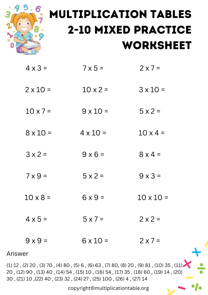 Multiplication Tables 2-10 Mixed Practice Worksheet with Answer Key