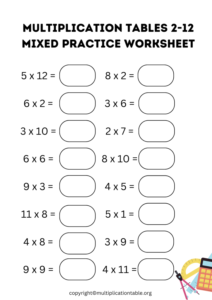 Multiplication Tables 2-12 Mixed Practice Worksheet