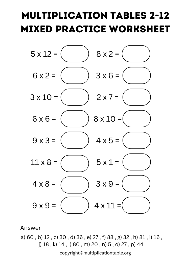 Multiplication Tables 2-12 Mixed Practice Worksheet with Answer Key