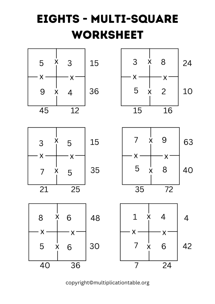 Nines - Multi-Square Worksheet with Answer Key