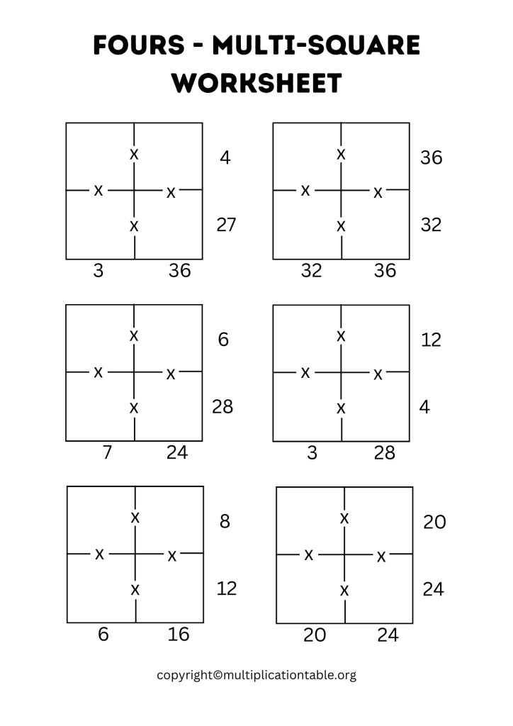 Printable Fours Multi Square Worksheet