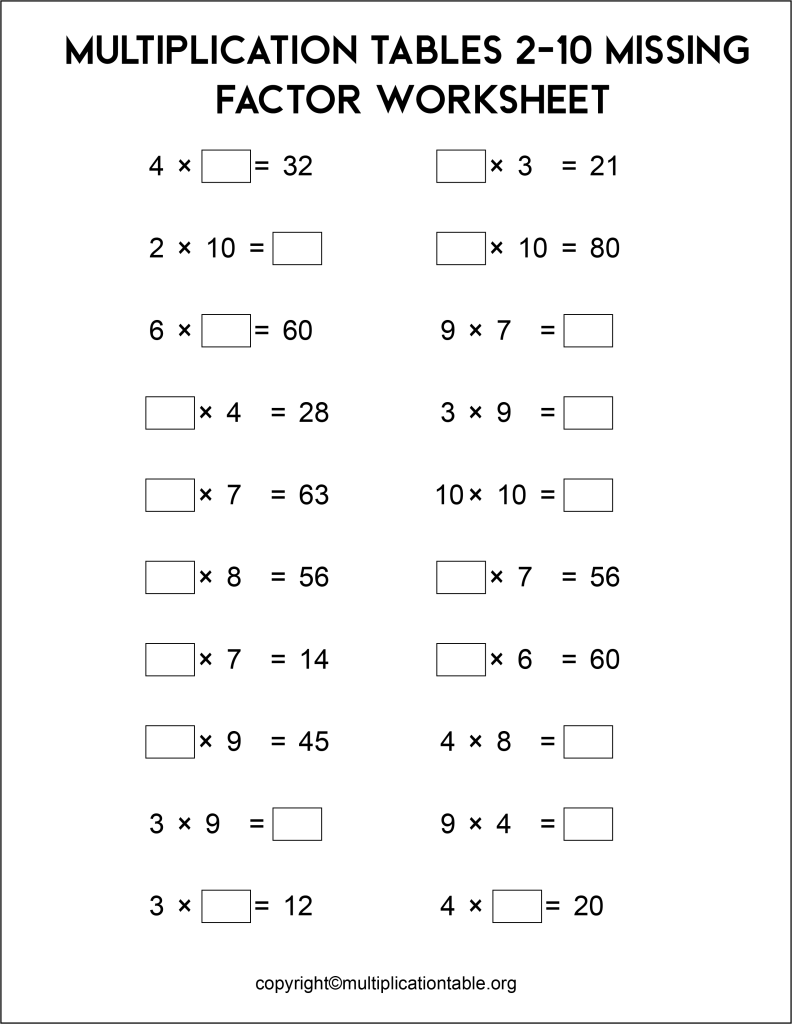 Printable Multiplication Tables 2 to 10 with Missing Factor Worksheet