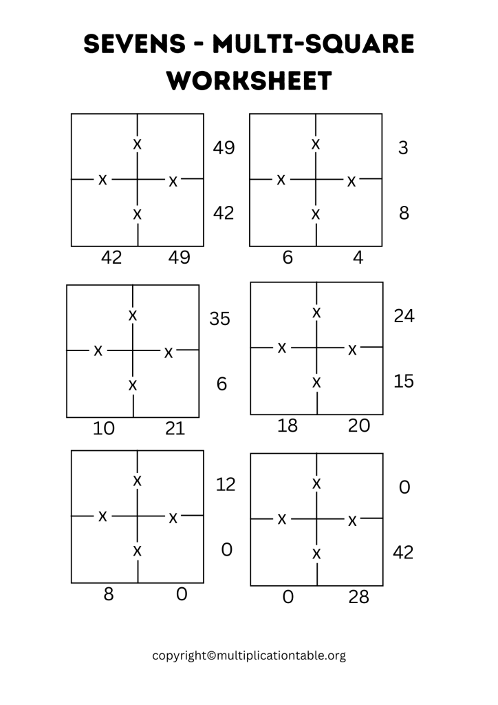 Printable Sevens Multi Square Worksheet