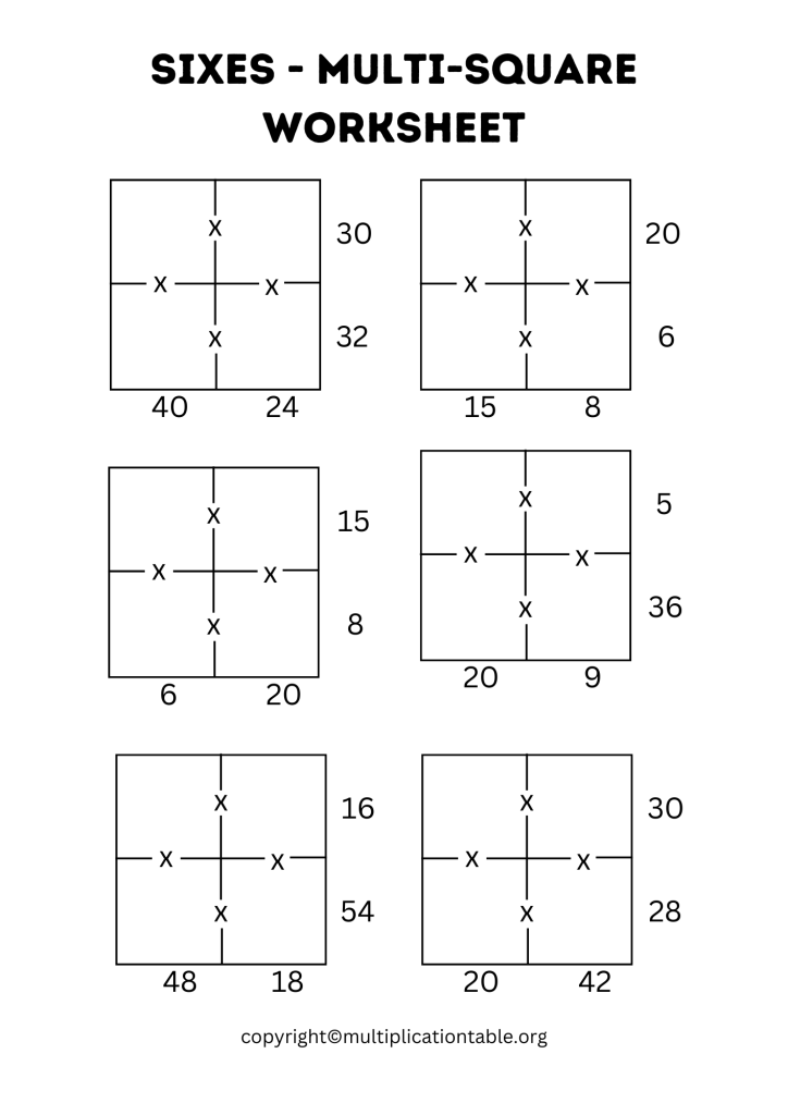 Printable Sixes Multi Square Worksheet