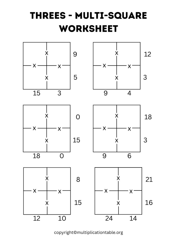 Printable Threes Multi Square Worksheet