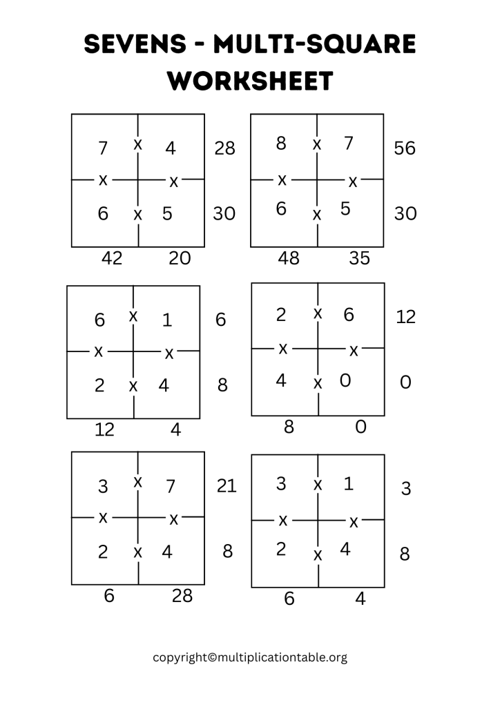 Sevens - Multi-Square Worksheet with Answer Key