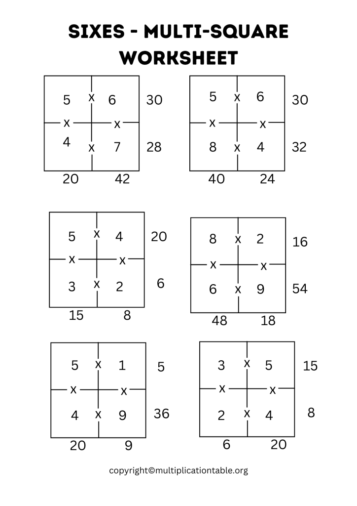 Sixes - Multi-Square Worksheet with Answer Key