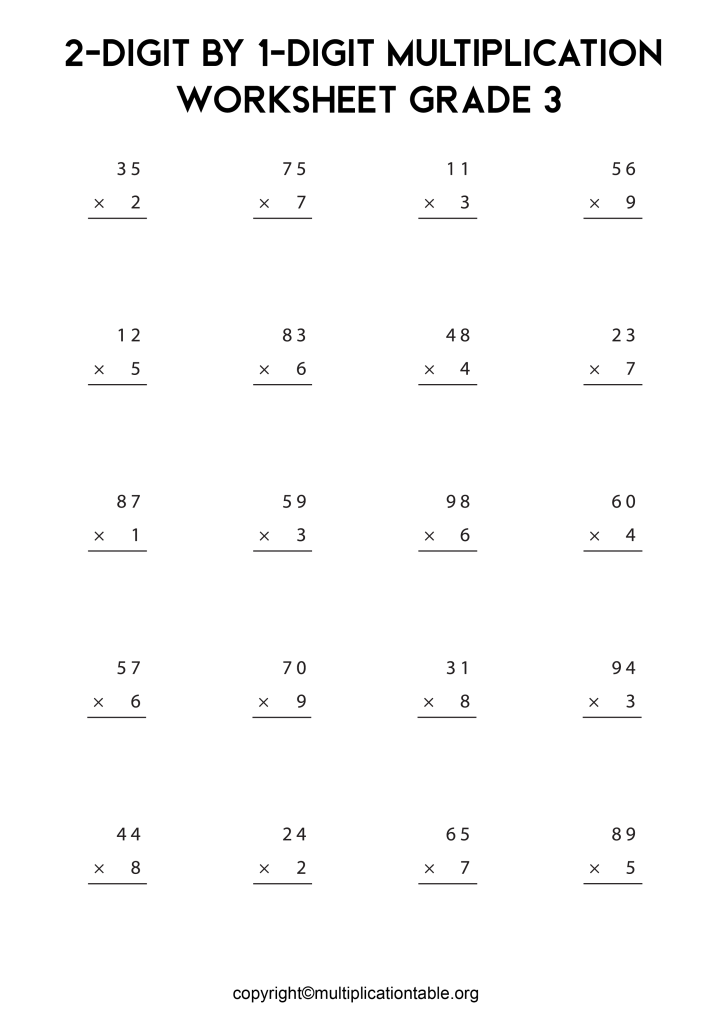 2-Digit by 1-Digit Multiplication Worksheet Grade 3