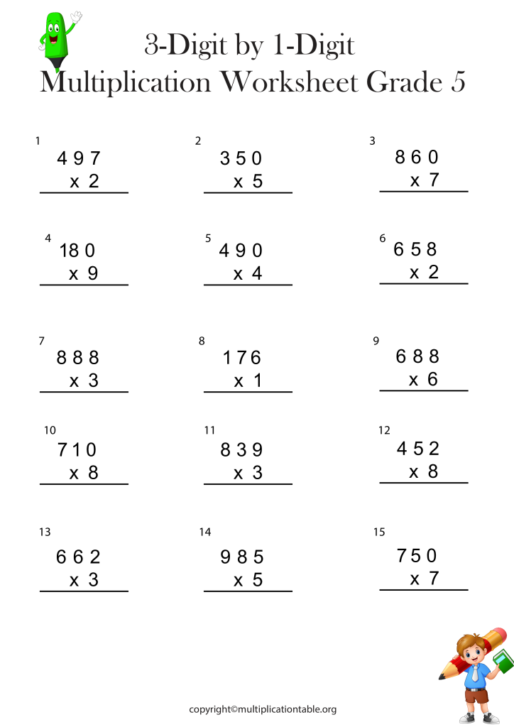 3-Digit by 1-Digit Multiplication Worksheet Grade 5