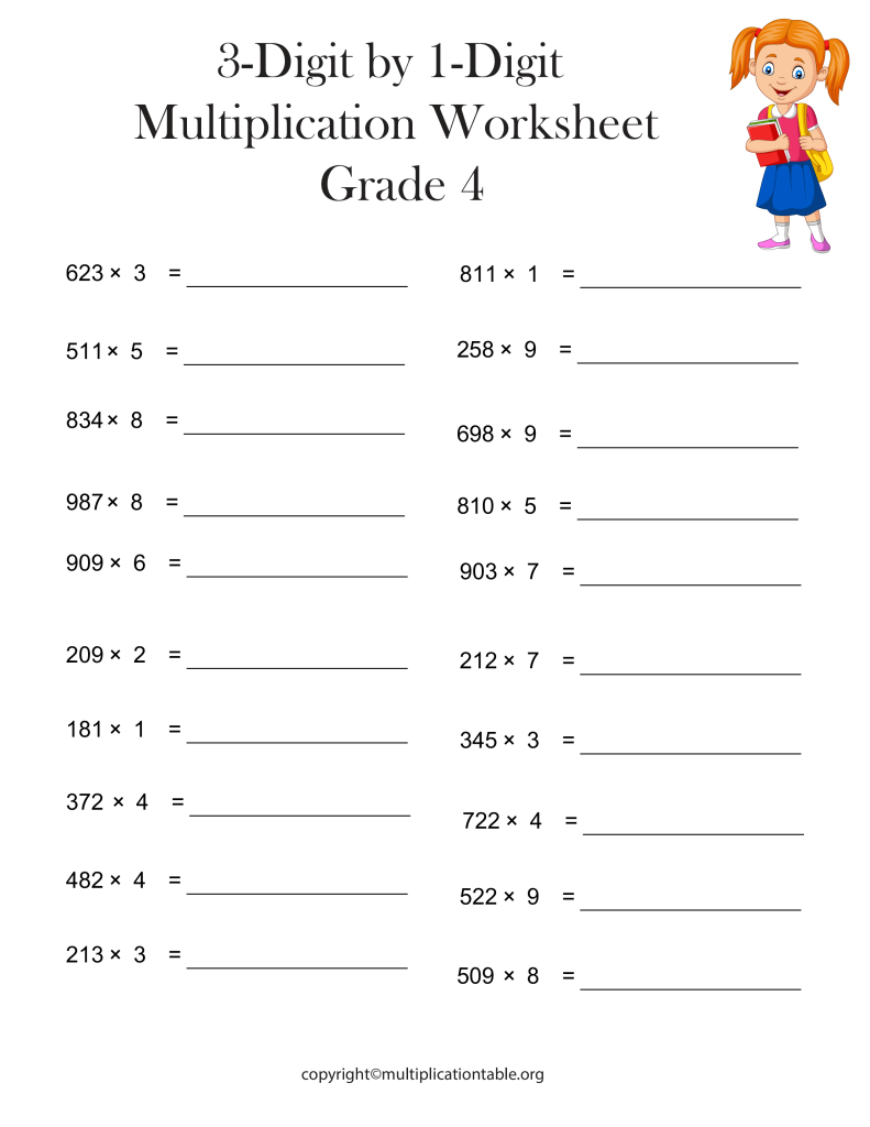 3-Digit by 1-Digit Multiplication Worksheets PDF Grade 4