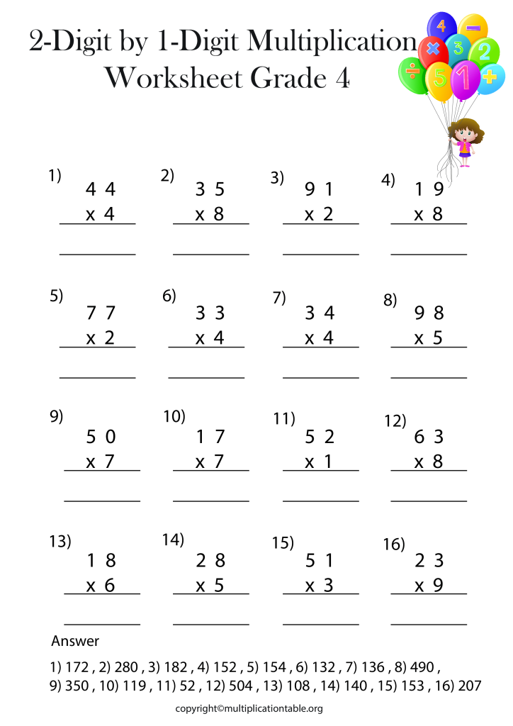 Free 2 Digit by 1 Digit Multiplication Worksheet with Answers