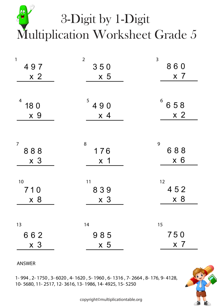 Free 3 Digit by 1 Digit Multiplication Worksheet with Answers 