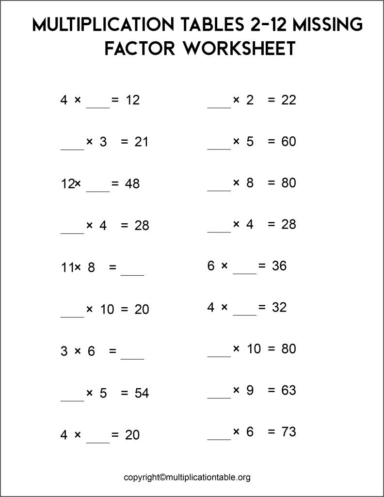 Multiplication Tables 2-12 Missing Factor Worksheet
