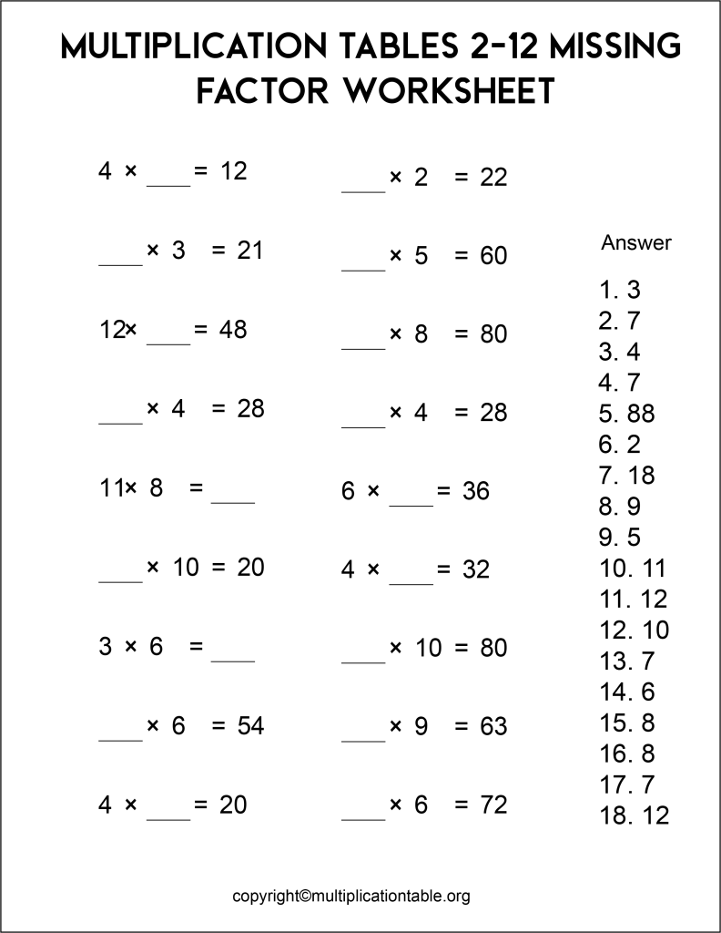 Multiplication Tables 2-12 Missing Factor Worksheet with Answer Key