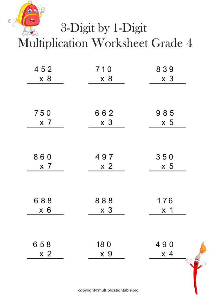 Multipliying 3 Digit by 1 Digit Multiplication Worksheet