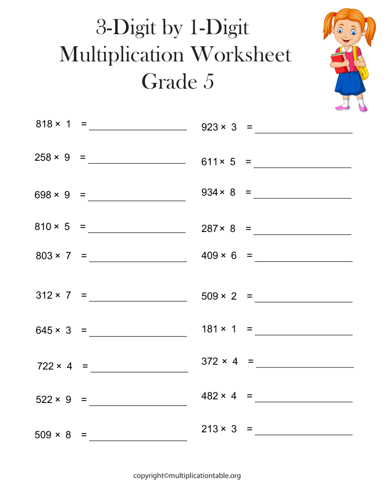 Printable 3-Digit by 1-Digit Multiplication Worksheets PDF 2