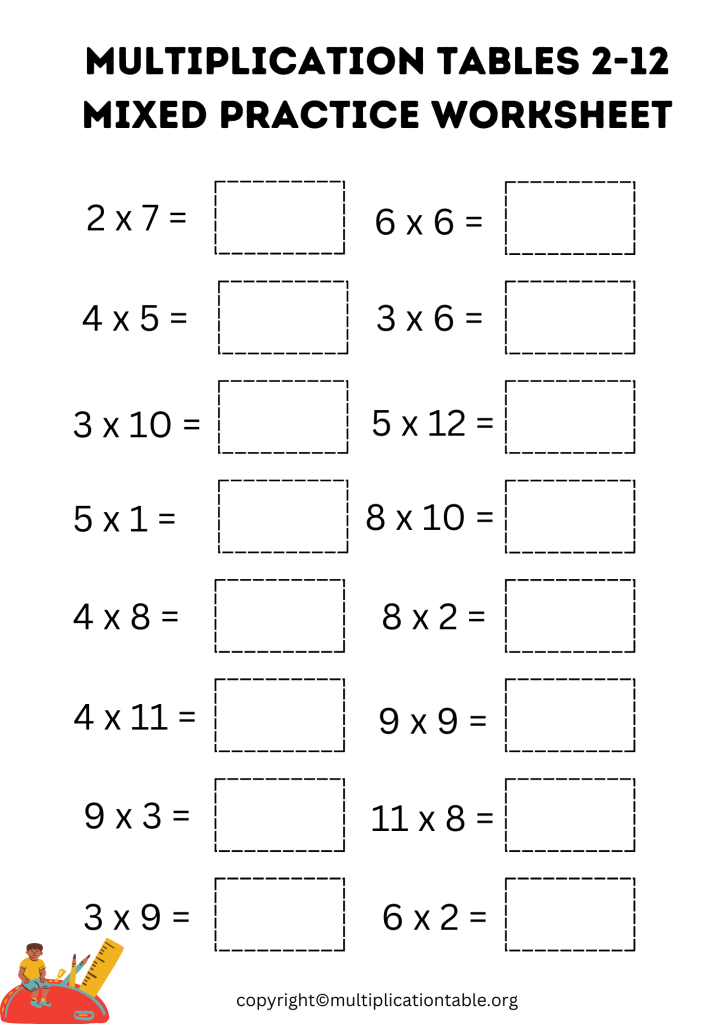 Printable Multiplication Tables 2 to 12 Worksheet