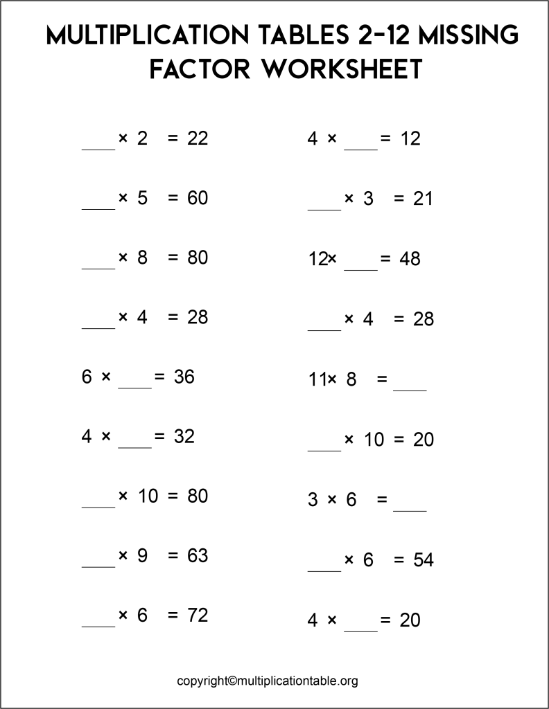 Printable Multiplication Tables 2 to 12 with Missing Factor Worksheet