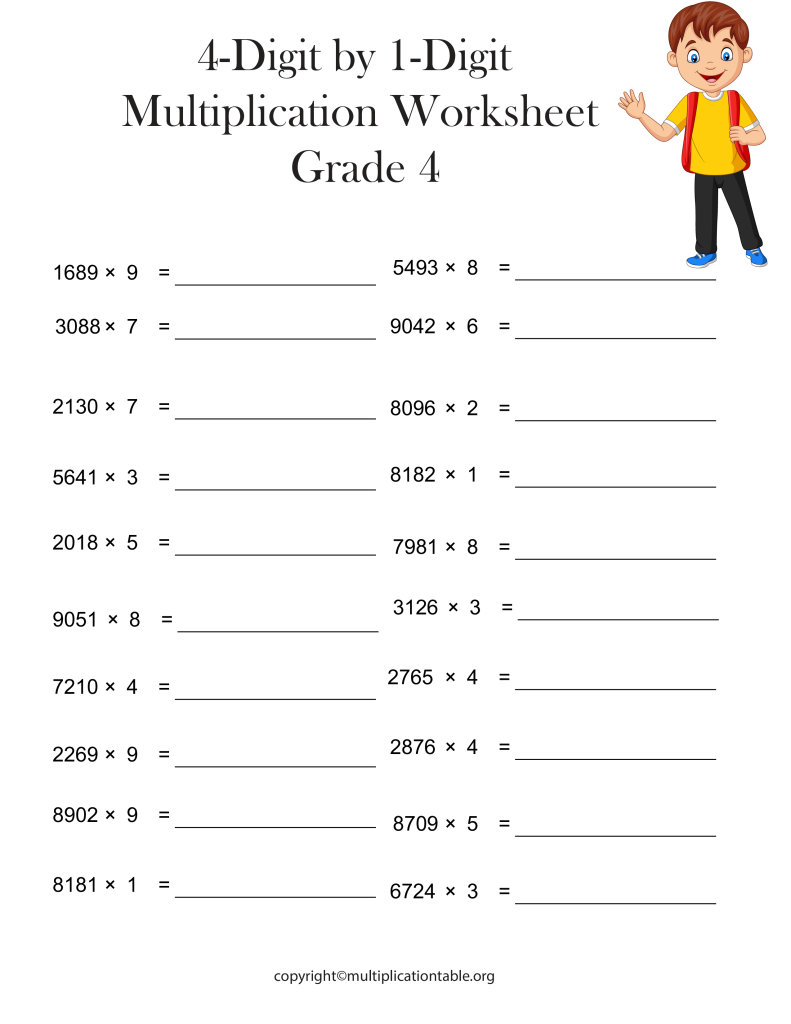 Worksheet on Multiplication of 4 Digit by 1 Digit for Grade 4